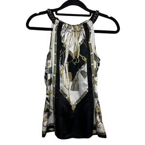 Vintage Cache Y2K Chain Link Top Silky Blouse Black White Gold Size XS Halter